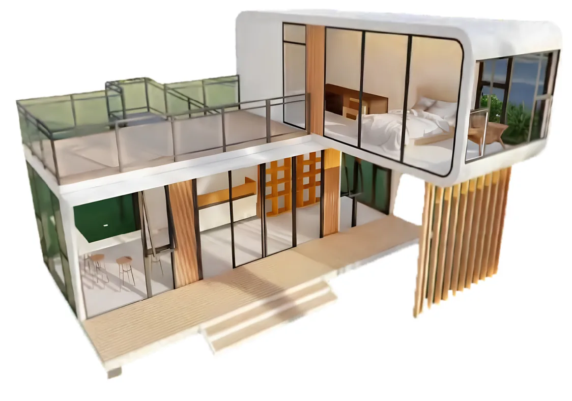 Vue en écorché d'une maison capsule G&R Eden Cargo : séjour vitré en rez-de-chaussée, chambre à l'étage en porte-à-faux et terrasse accessible